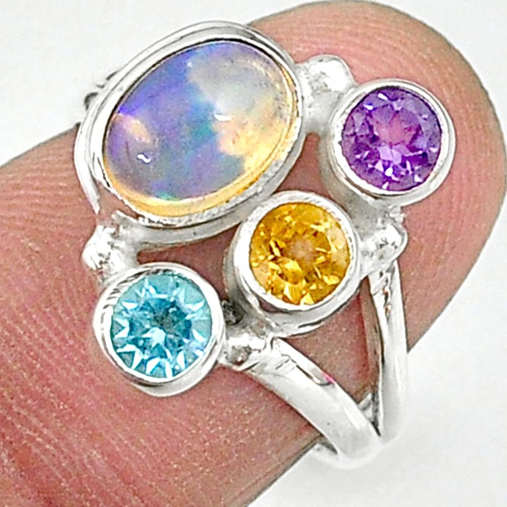 4.03cts natural multi color ethiopian opal amethyst silver ring size 6 t8841
