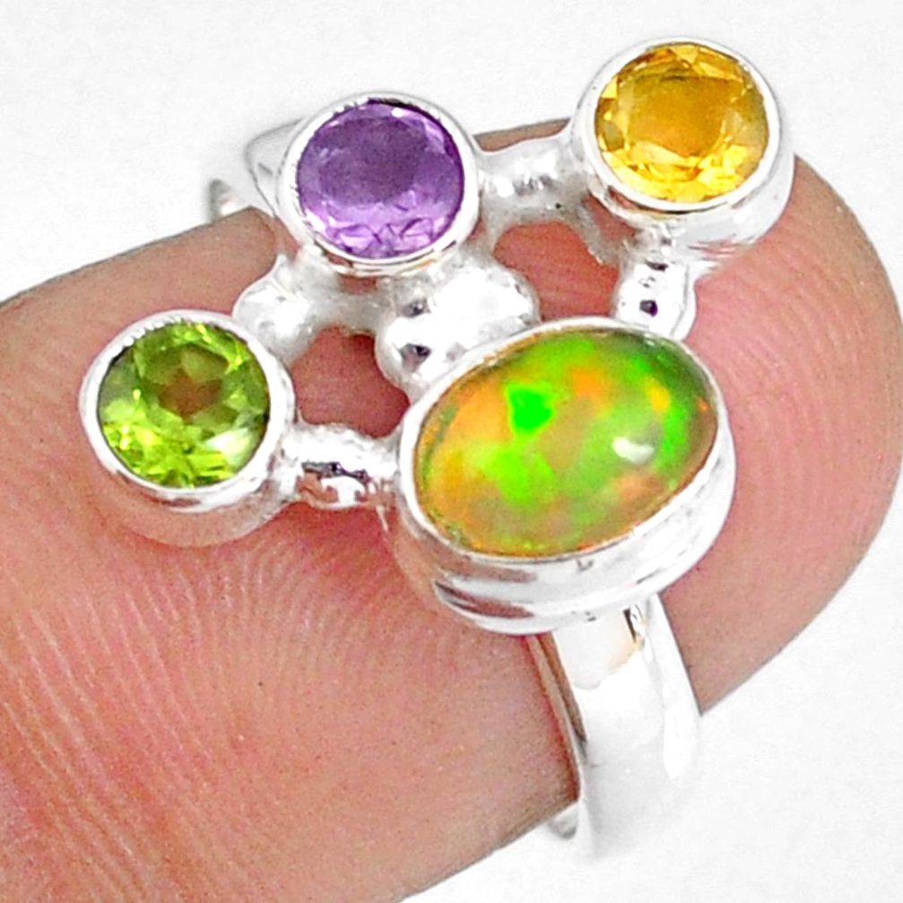3.83cts natural multi color ethiopian opal citrine silver ring size 7.5 r59181