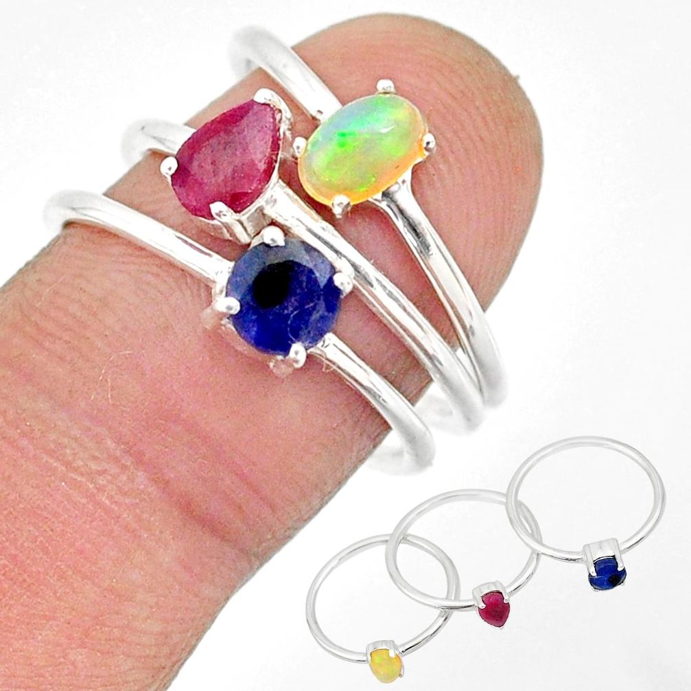 3.14cts natural multi color ethiopian opal ruby 925 silver 3 rings size 8 r85168