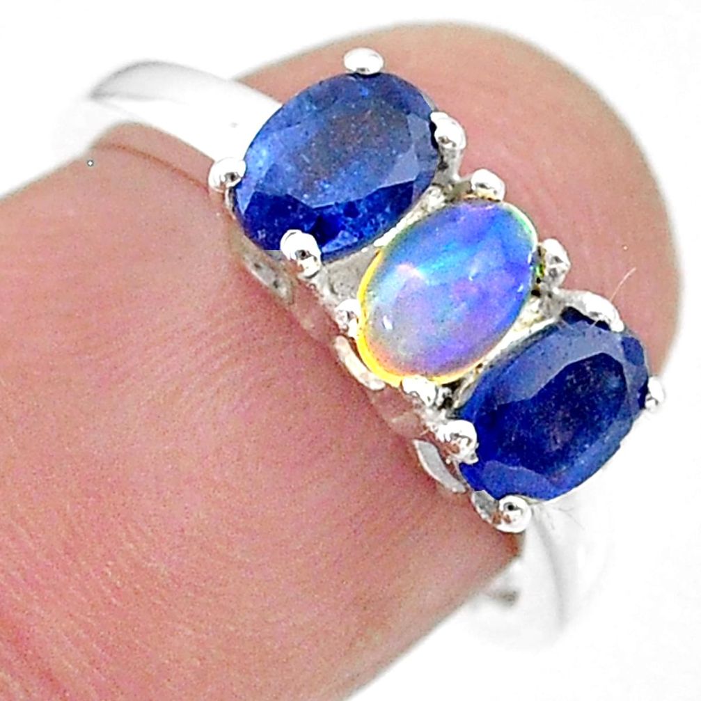 2.95cts natural multi color ethiopian opal sapphire silver ring size 6 t21259