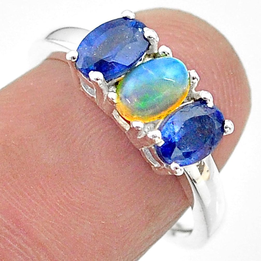 3.15cts natural multi color ethiopian opal sapphire silver ring size 7 t21253