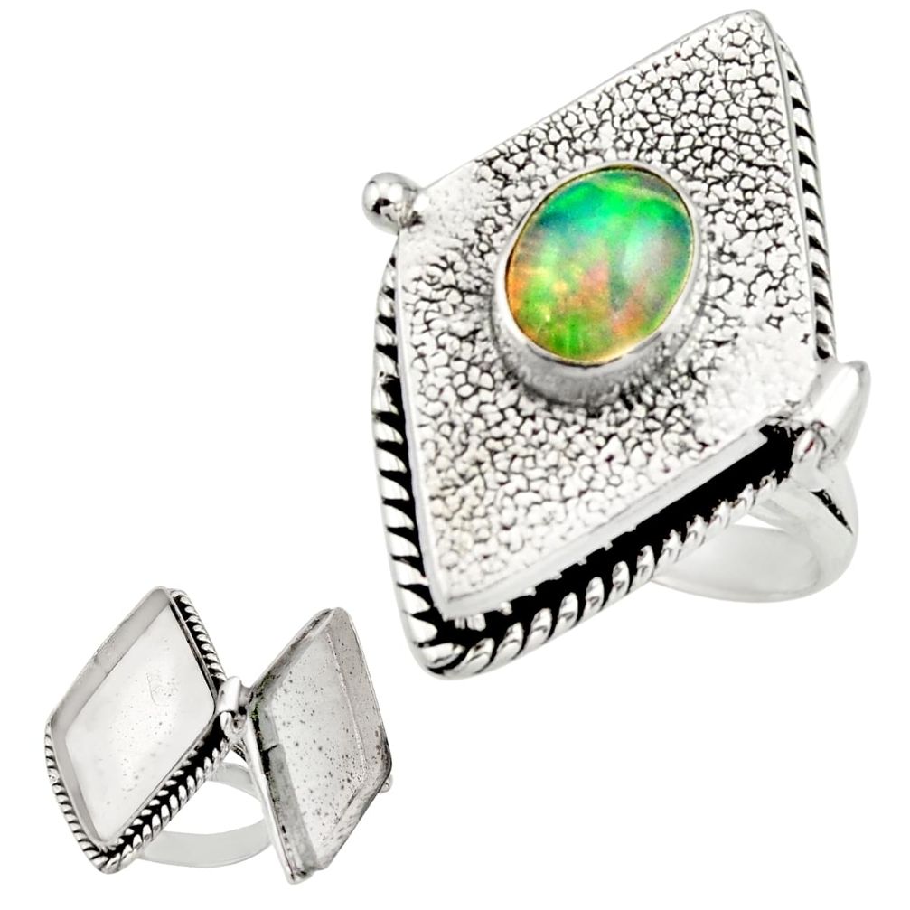 2.08cts natural multi color ethiopian opal silver poison box ring size 8 r26641