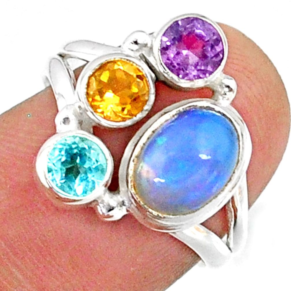 4.25cts natural multi color ethiopian opal topaz 925 silver ring size 6.5 r65565