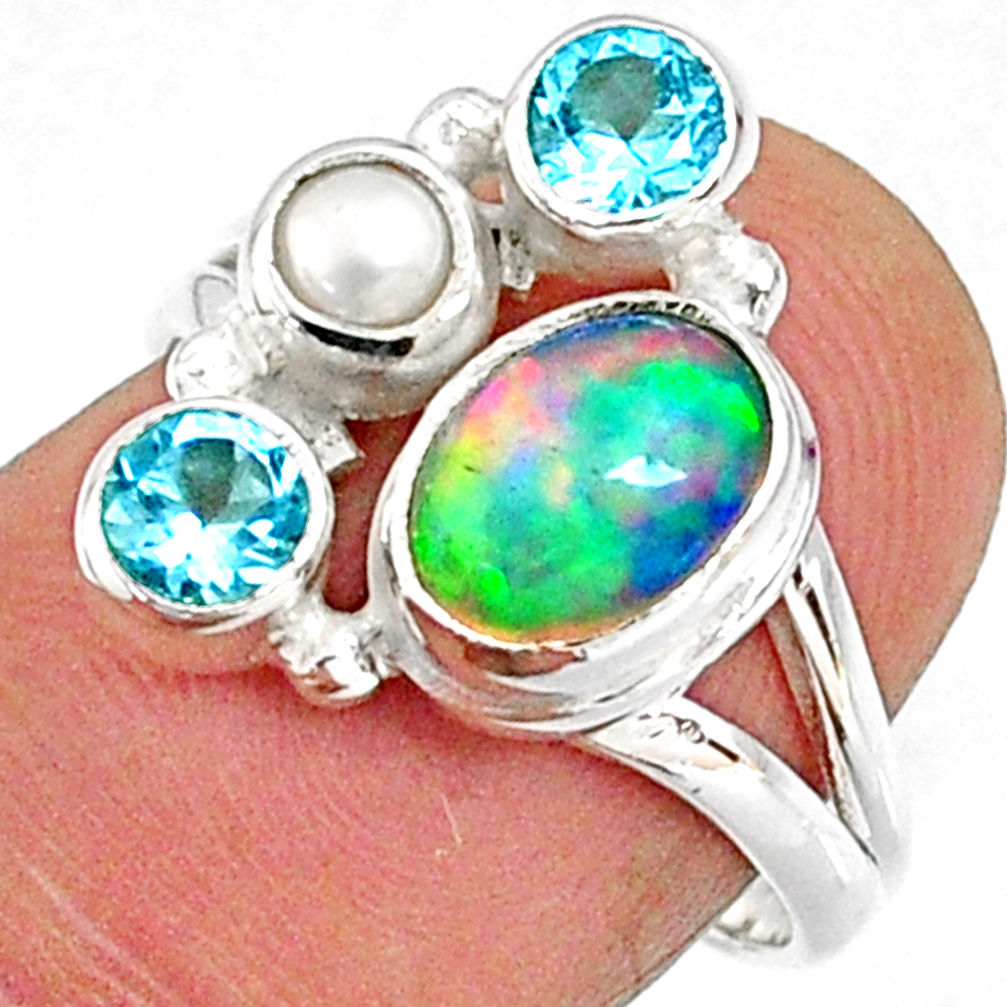 3.68cts natural multi color ethiopian opal topaz 925 silver ring size 6.5 r65566