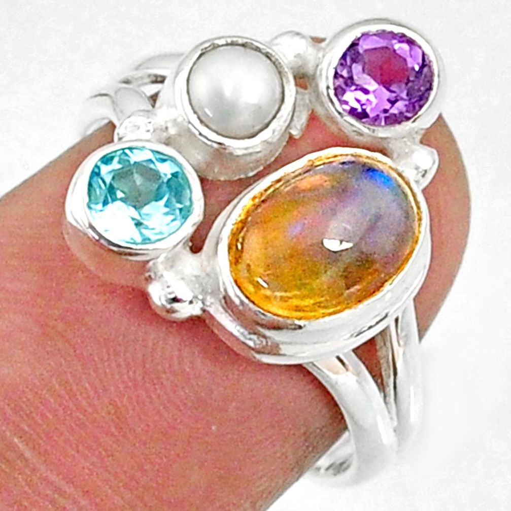 4.47cts natural multi color ethiopian opal topaz 925 silver ring size 6.5 r65570