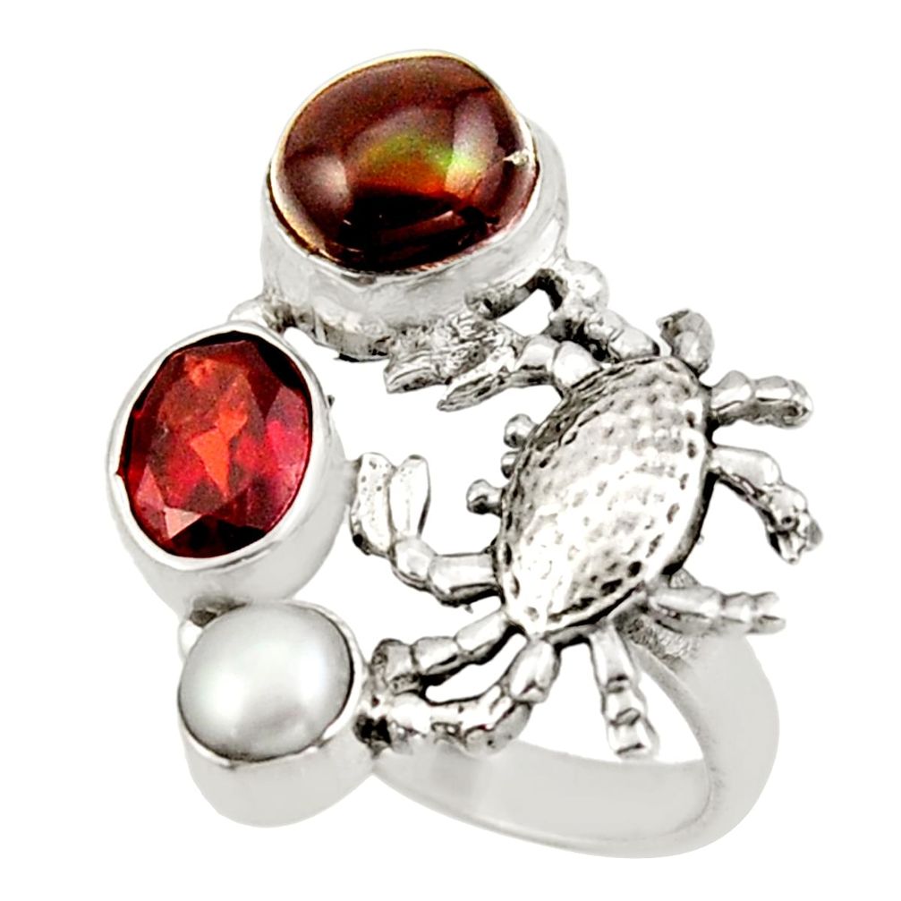 7.13cts natural multi color mexican fire agate silver crab ring size 8 d47424