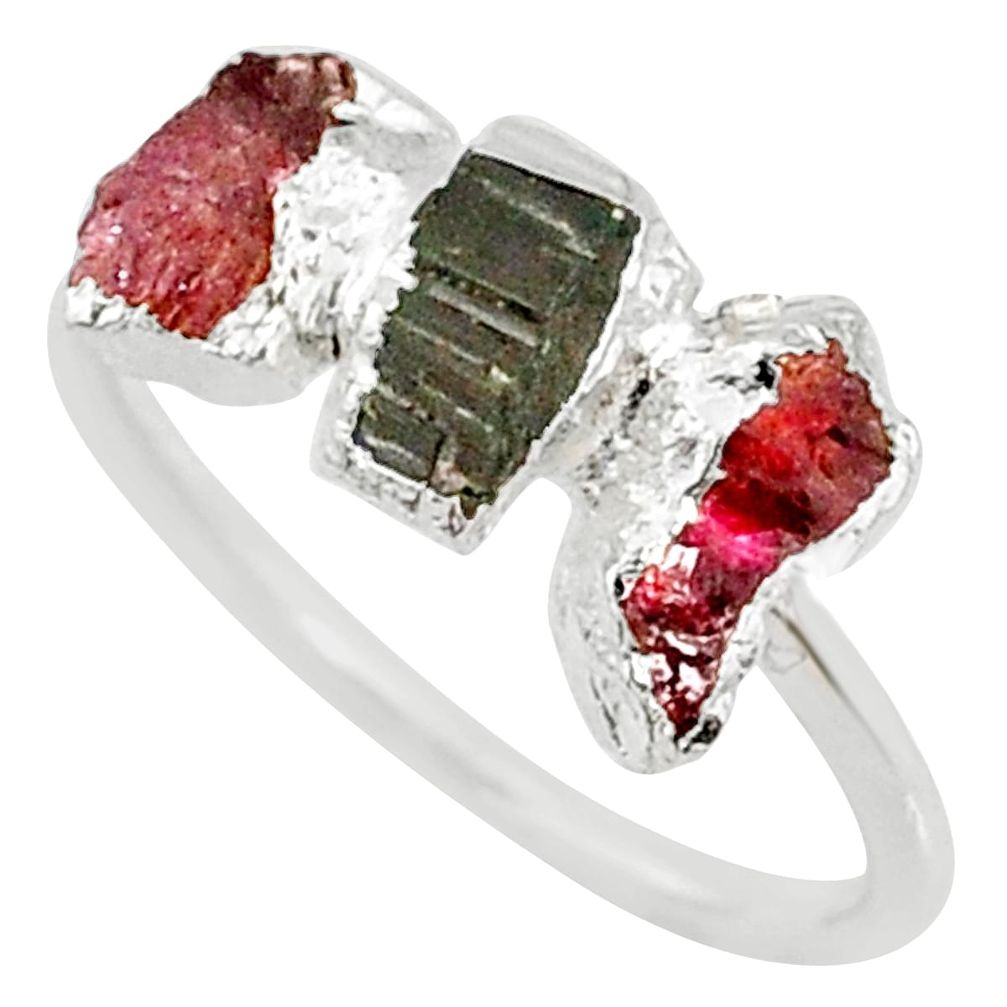 4.26cts natural multi color tourmaline raw 925 silver ring size 7 r70708