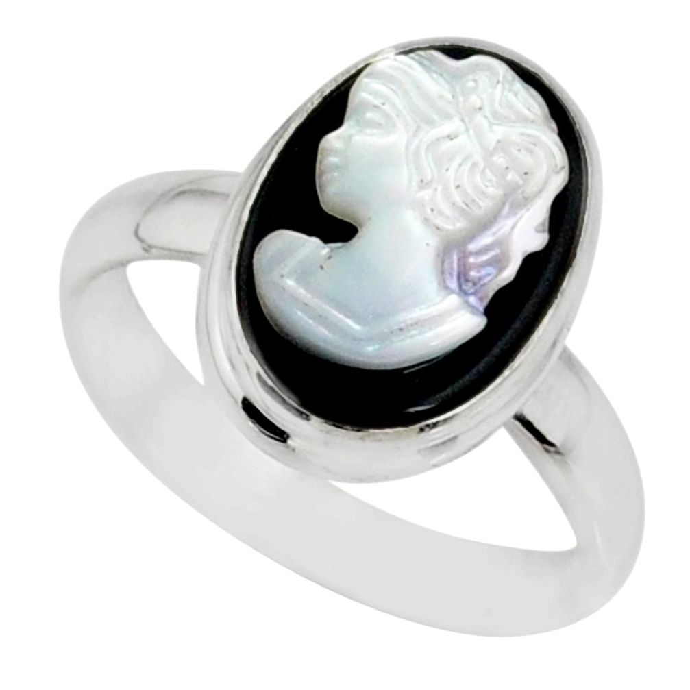 5.11cts natural opal cameo on black onyx 925 silver lady face ring size 8 r80481