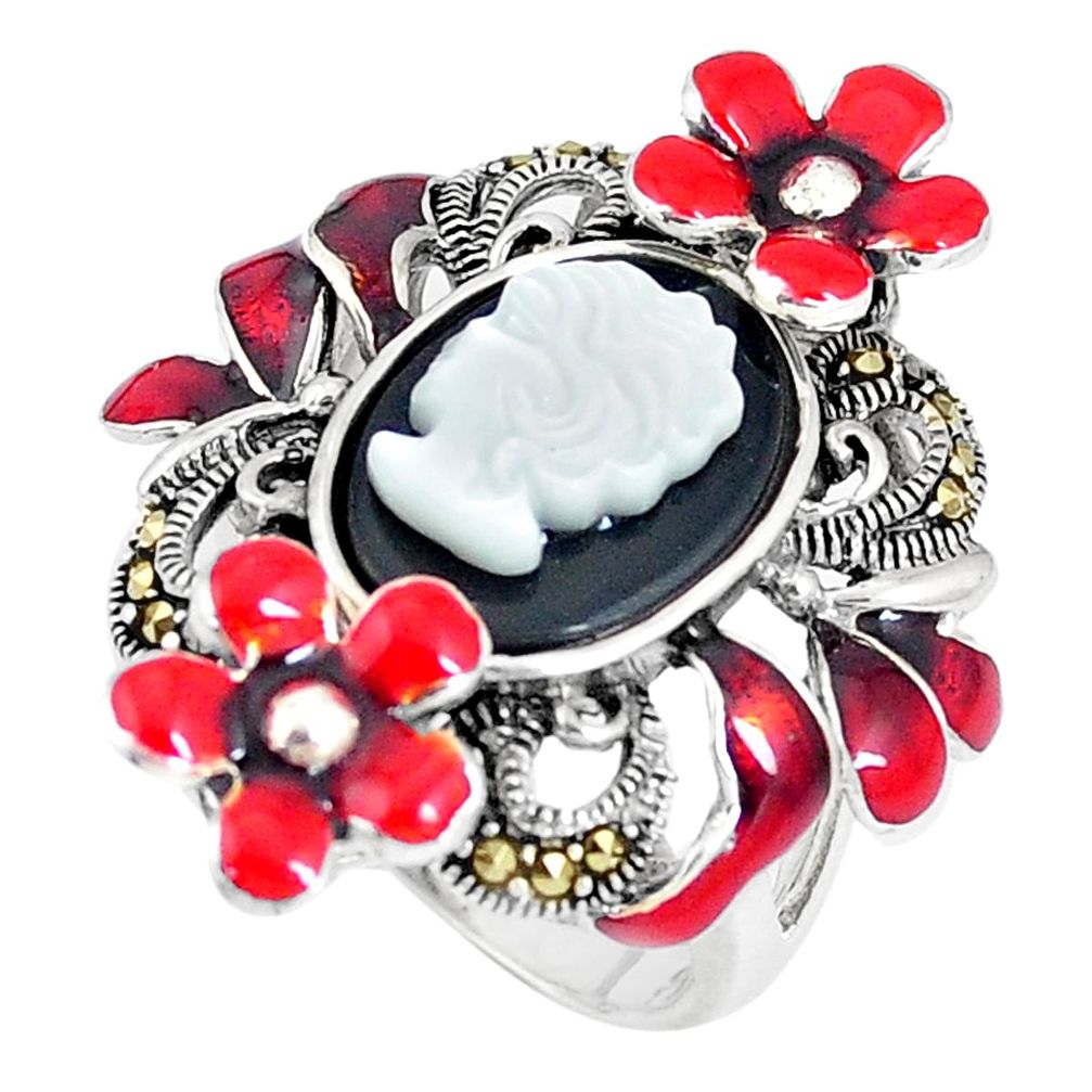 Natural opal cameo on black onyx lady face silver flower ring size 6.5 c16226