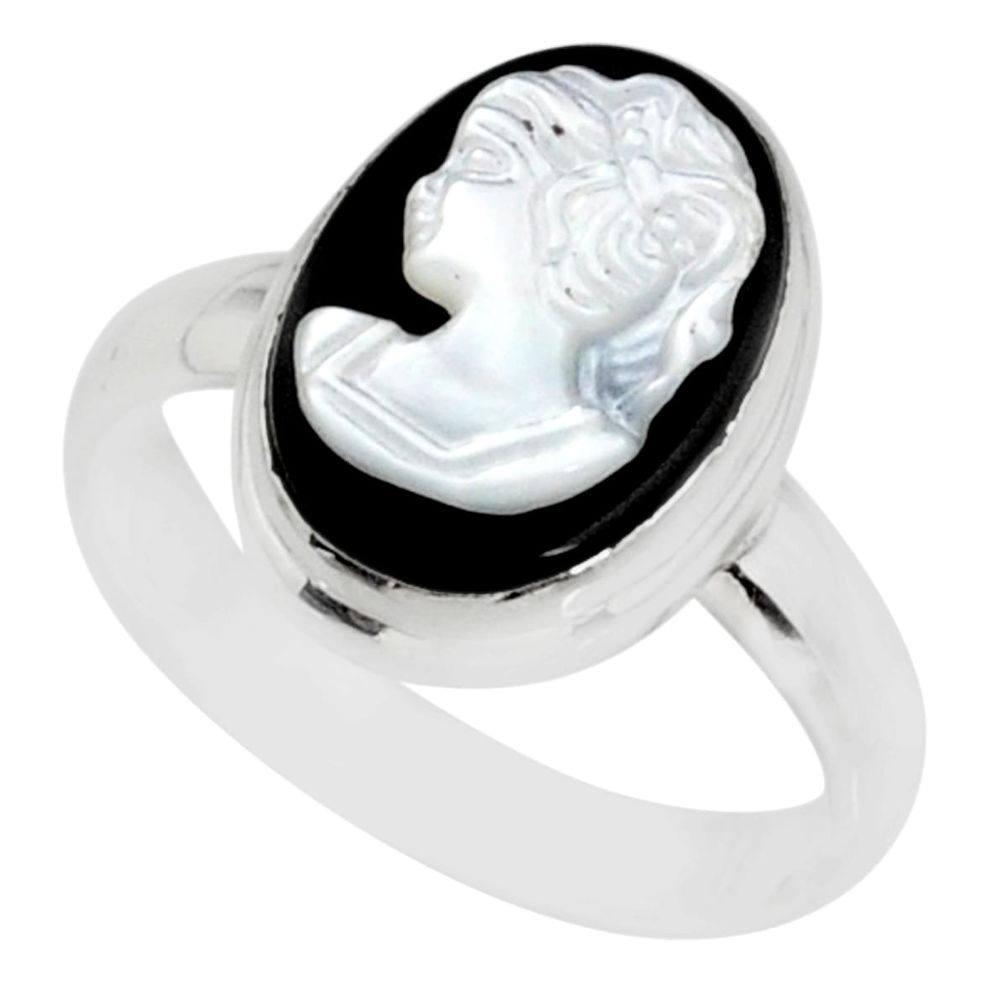 5.12cts natural opal cameo on black onyx silver lady face ring size 8.5 r80453