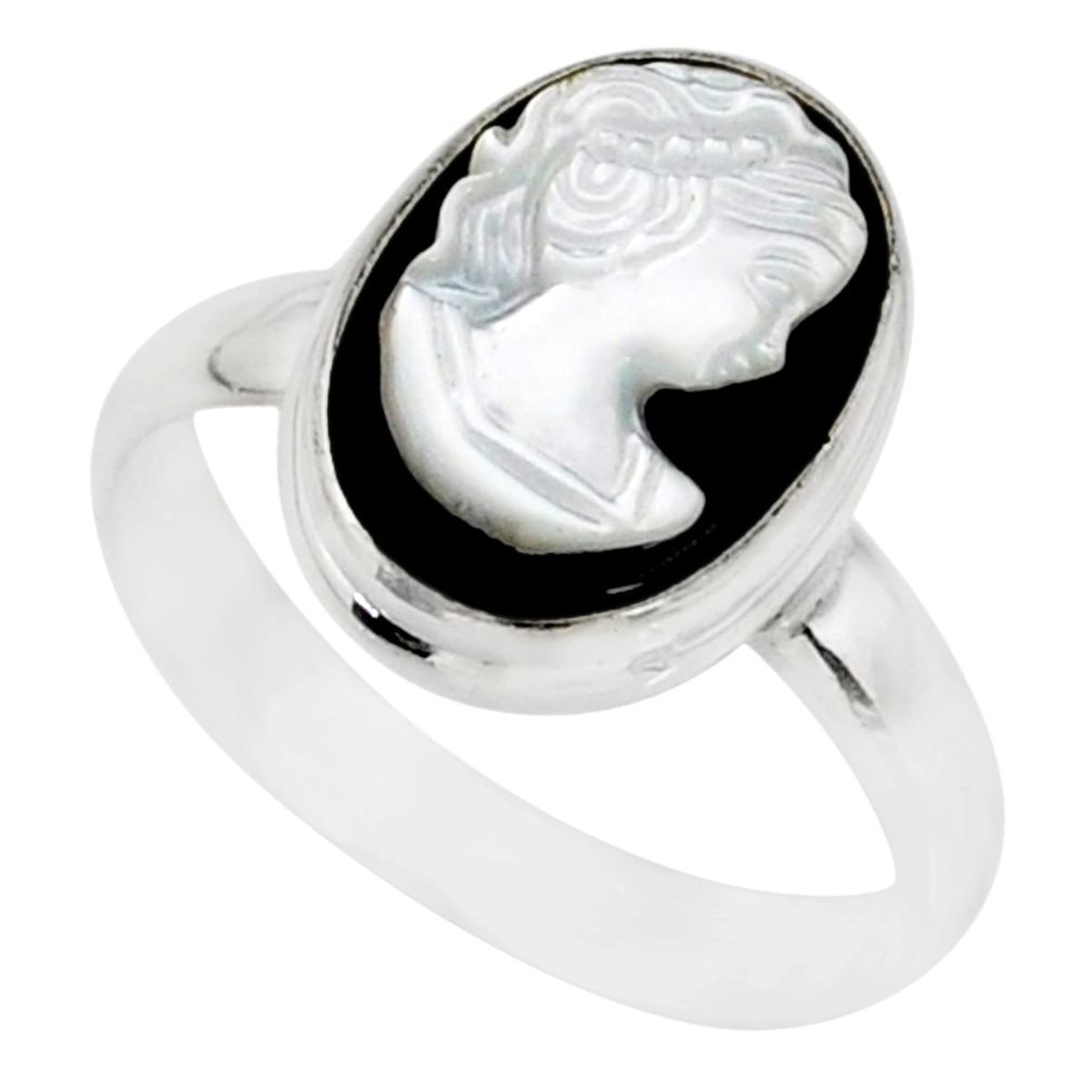4.82cts natural opal cameo on black onyx silver lady face ring size 6.5 r80489