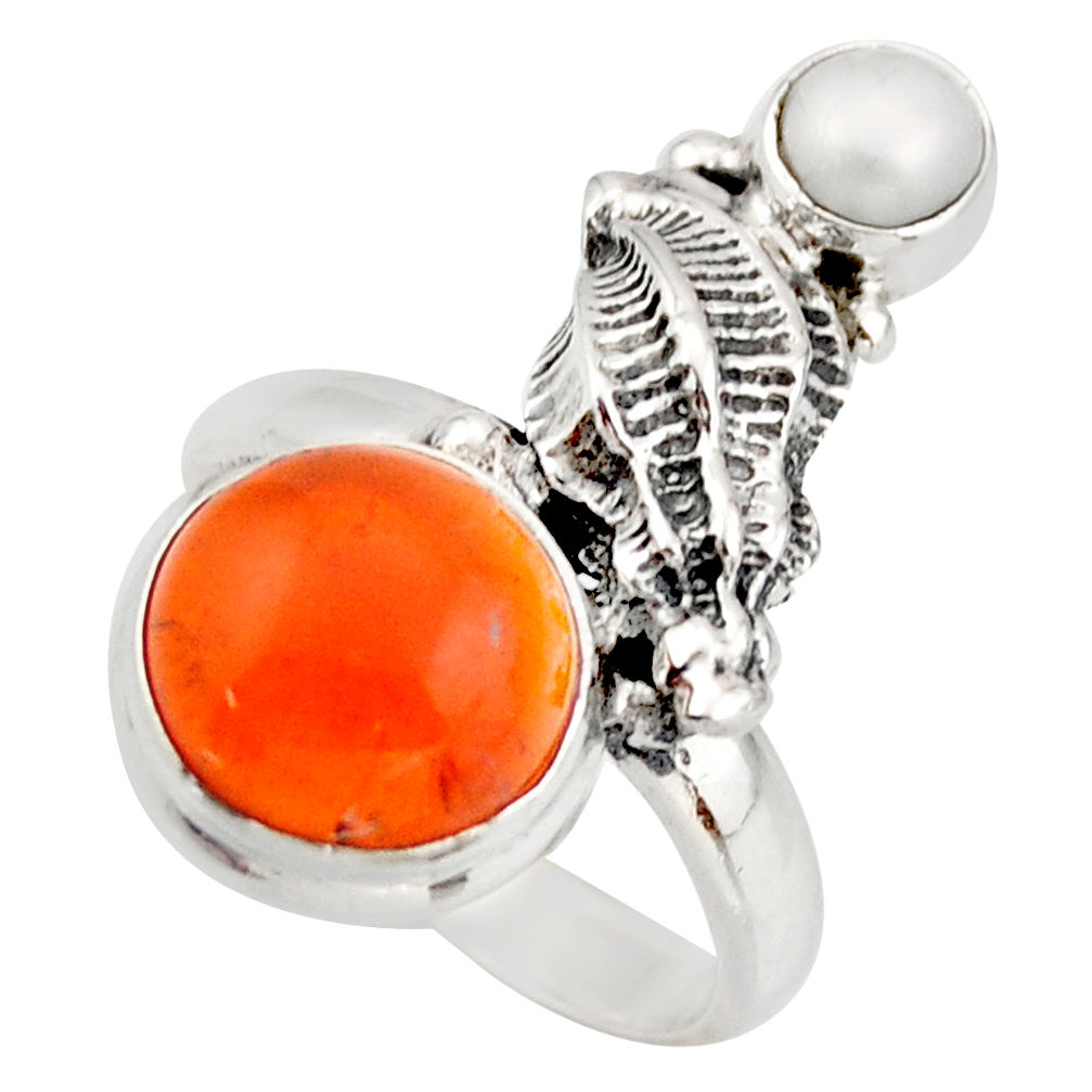 6.63cts natural orange cornelian (carnelian) pearl 925 silver ring size 7 d46121