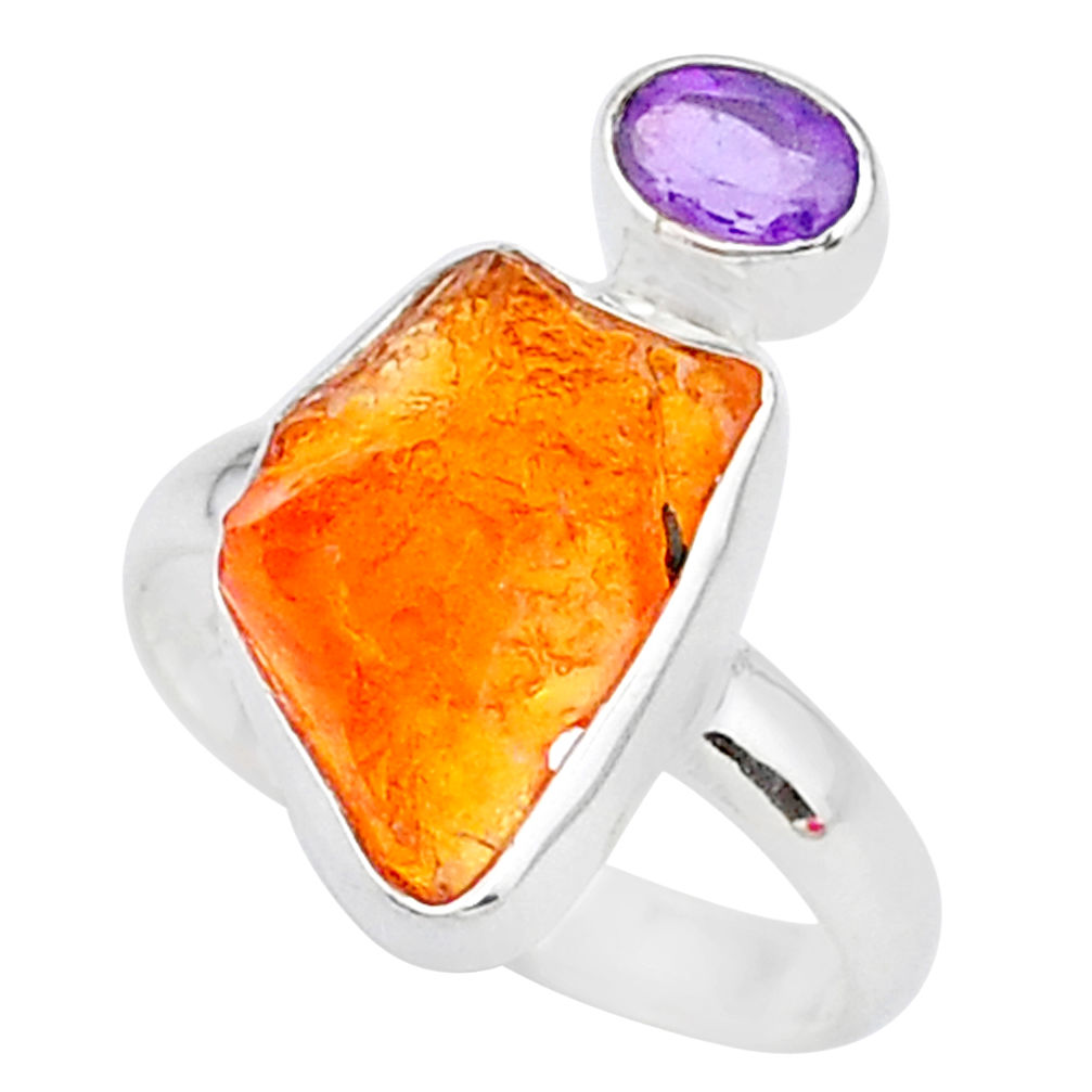 7.25cts natural orange mexican fire opal amethyst 925 silver ring size 8 t10024
