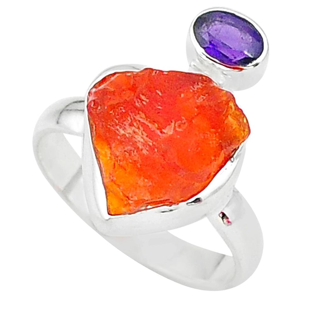 7.26cts natural orange mexican fire opal amethyst 925 silver ring size 8 t10032