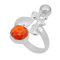 3.66cts natural orange mojave turquoise pearl silver two cats ring size 8 n49941