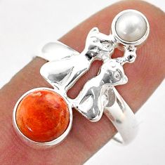 orange mojave turquoise pearl silver two cats ring size 9 t71081