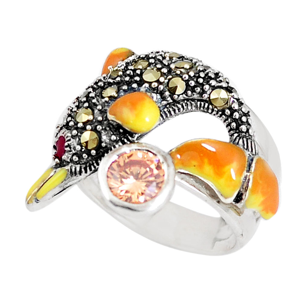 LAB 1.69cts natural orange topaz marcasite 925 silver dolphin ring size 7 c15923