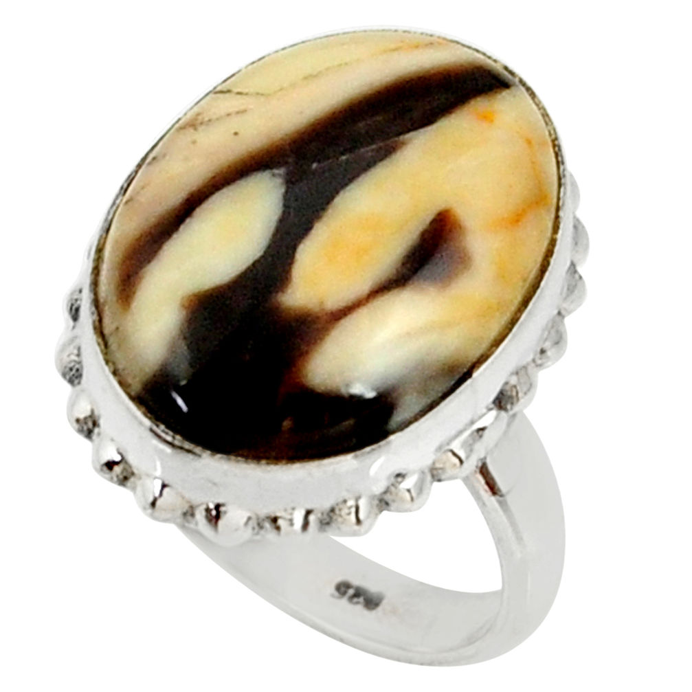 Natural peanut petrified wood fossil 925 silver solitaire ring size 7.5 r28179