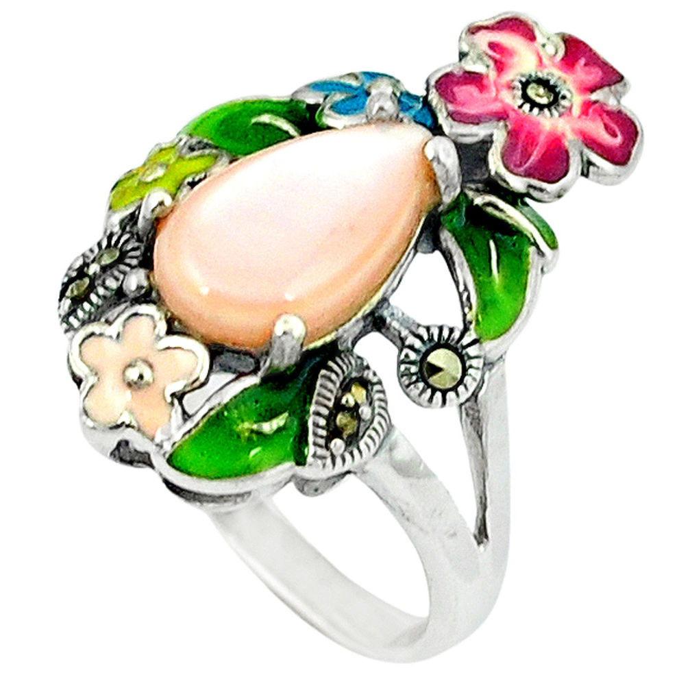 4.56cts natural pink pearl marcasite enamel 925 silver ring size 6.5 c18669