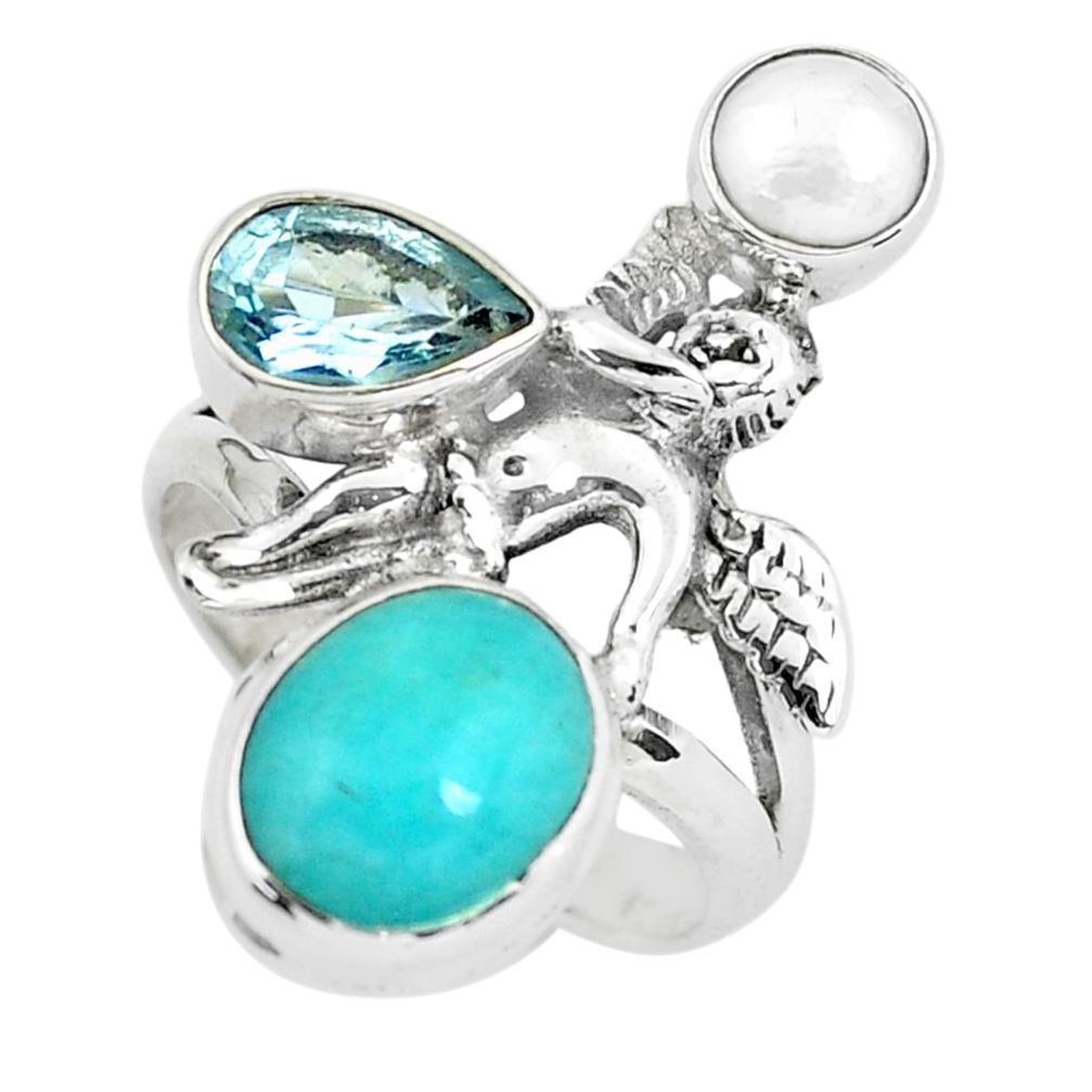 Natural peruvian amazonite silver cupid love angel wings ring size 7.5 p61100