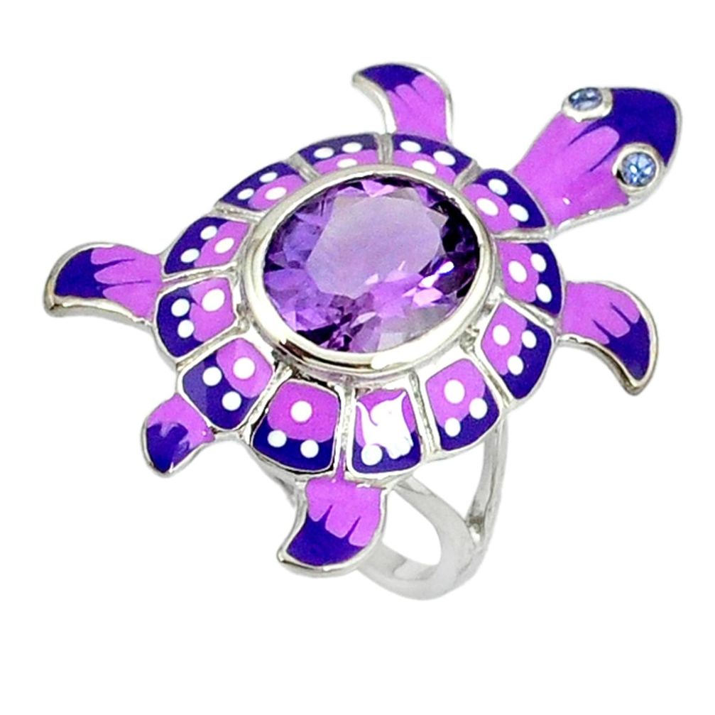 Natural pink amethyst enamel 925 silver tortoise ring jewelry size 6.5 c16874