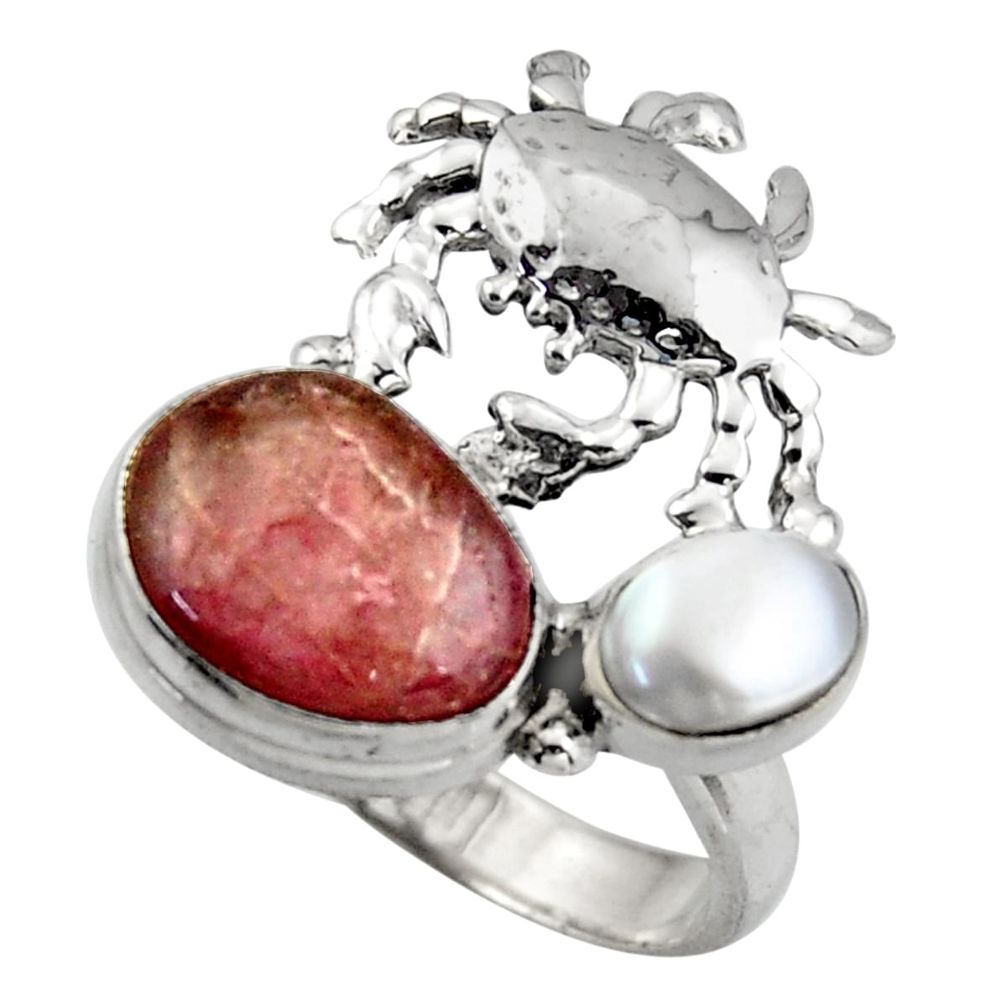 7.36cts natural pink bio tourmaline pearl 925 silver crab ring size 7.5 d46075