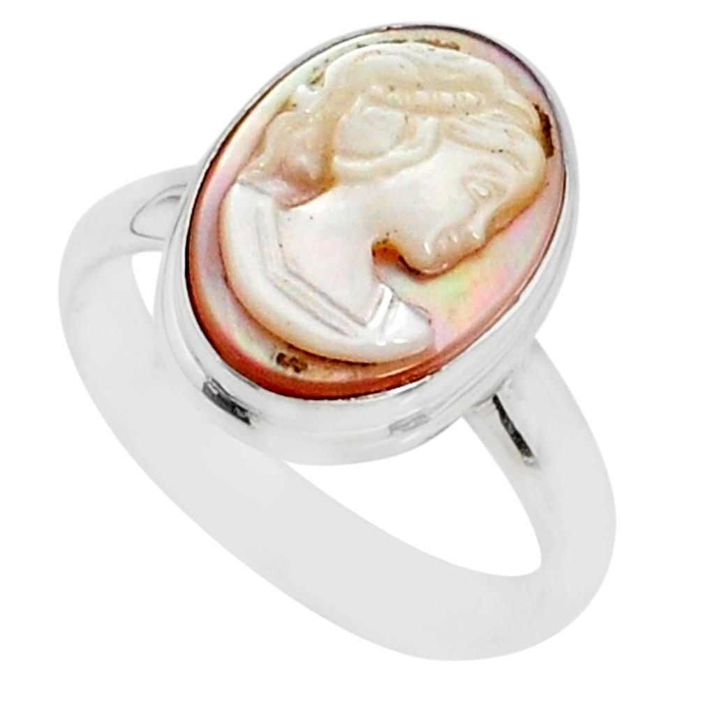 4.91cts natural pink cameo on shell 925 silver lady face ring size 7.5 r80480