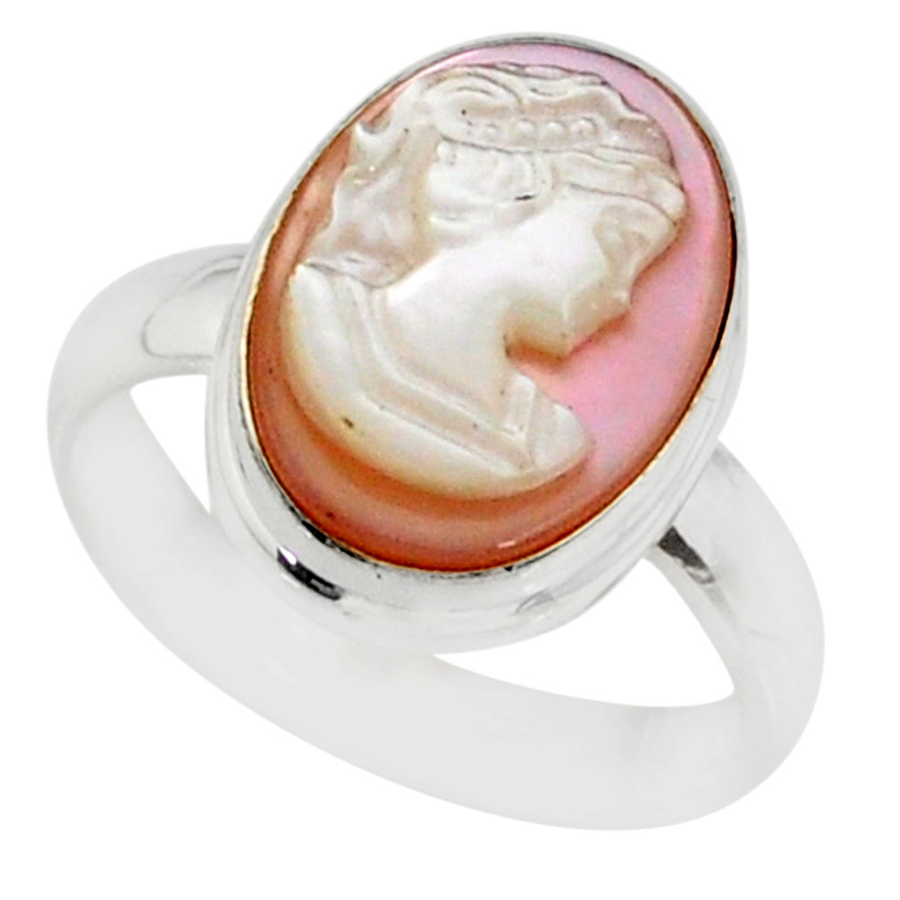4.88cts natural pink cameo on shell 925 silver lady face ring size 6 r80443