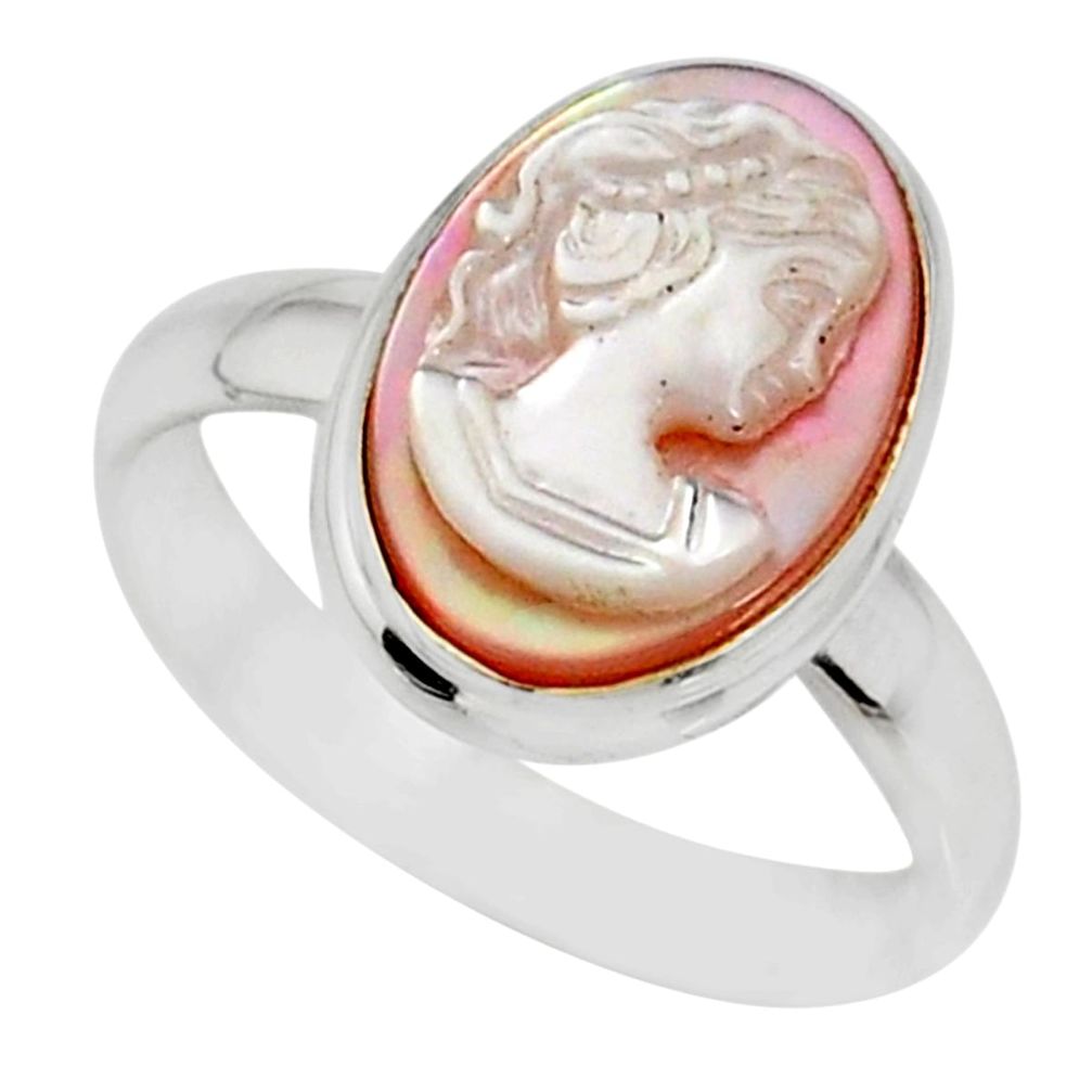 4.84cts natural pink cameo on shell 925 silver lady face ring size 6 r80475