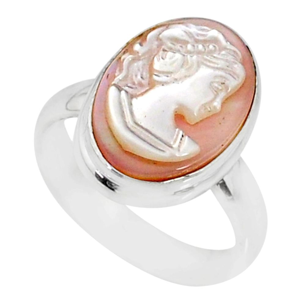 4.67cts natural pink cameo on shell 925 silver lady face ring size 6 r80477