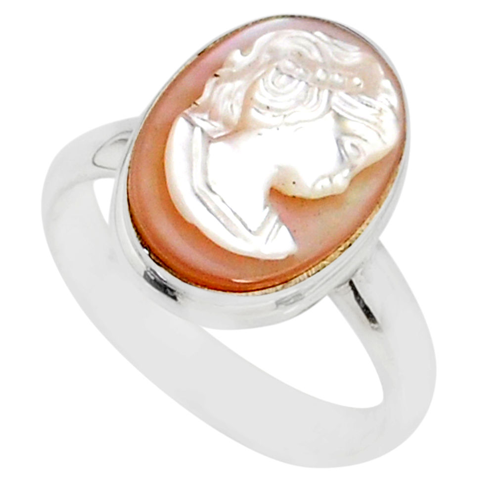 4.67cts natural pink cameo on shell 925 silver lady face ring size 6 r80497