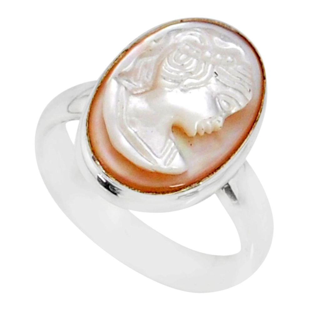 4.42cts natural pink cameo on shell 925 silver lady face ring size 7 r80494