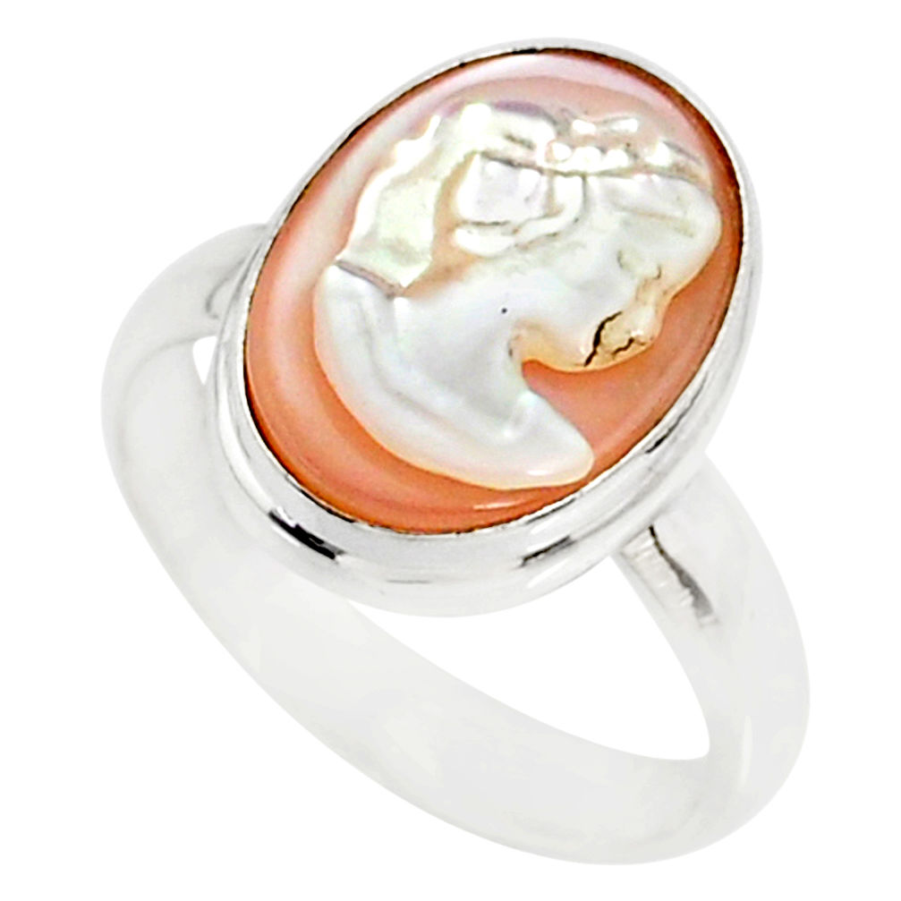 4.63cts natural pink cameo on shell 925 silver lady face ring size 7 r80499