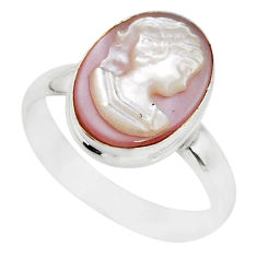 4.82cts natural pink cameo on shell 925 silver lady face ring size 9 r80492