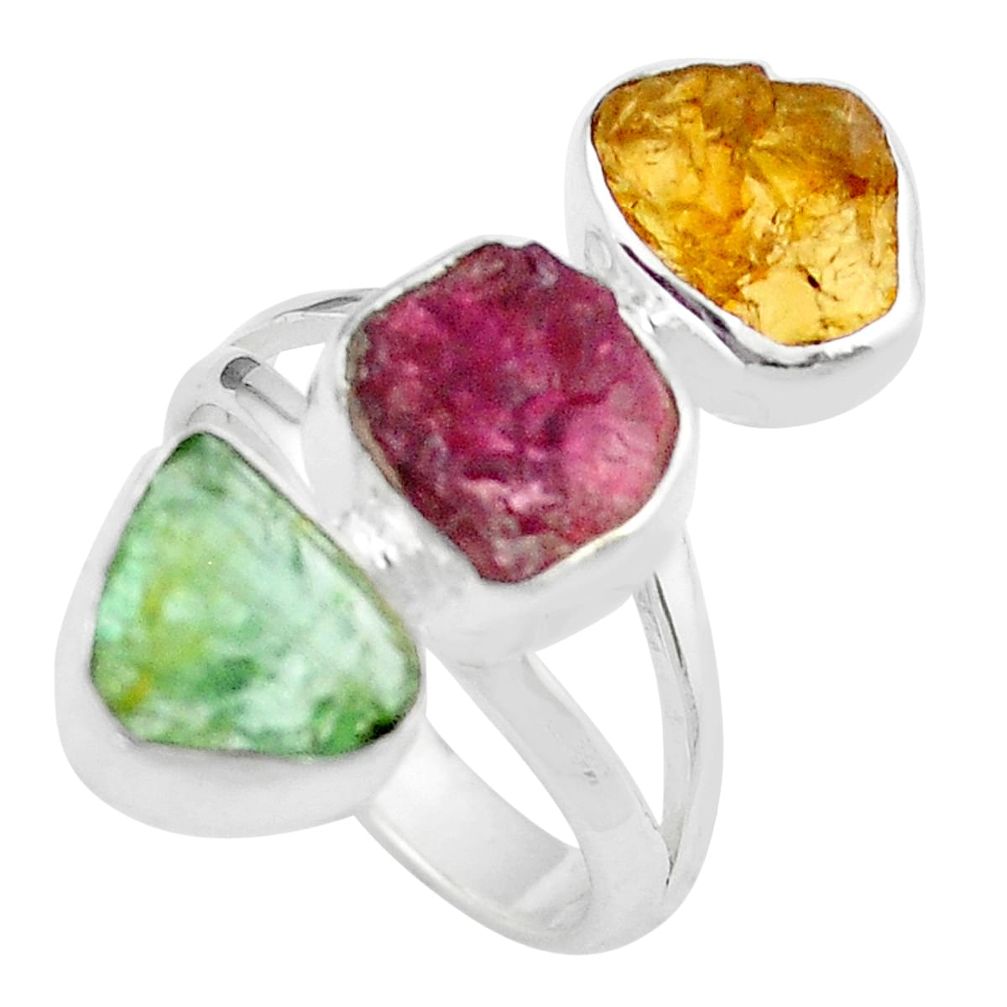 10.56cts natural pink green yellow tourmaline rough silver ring size 6 u26799