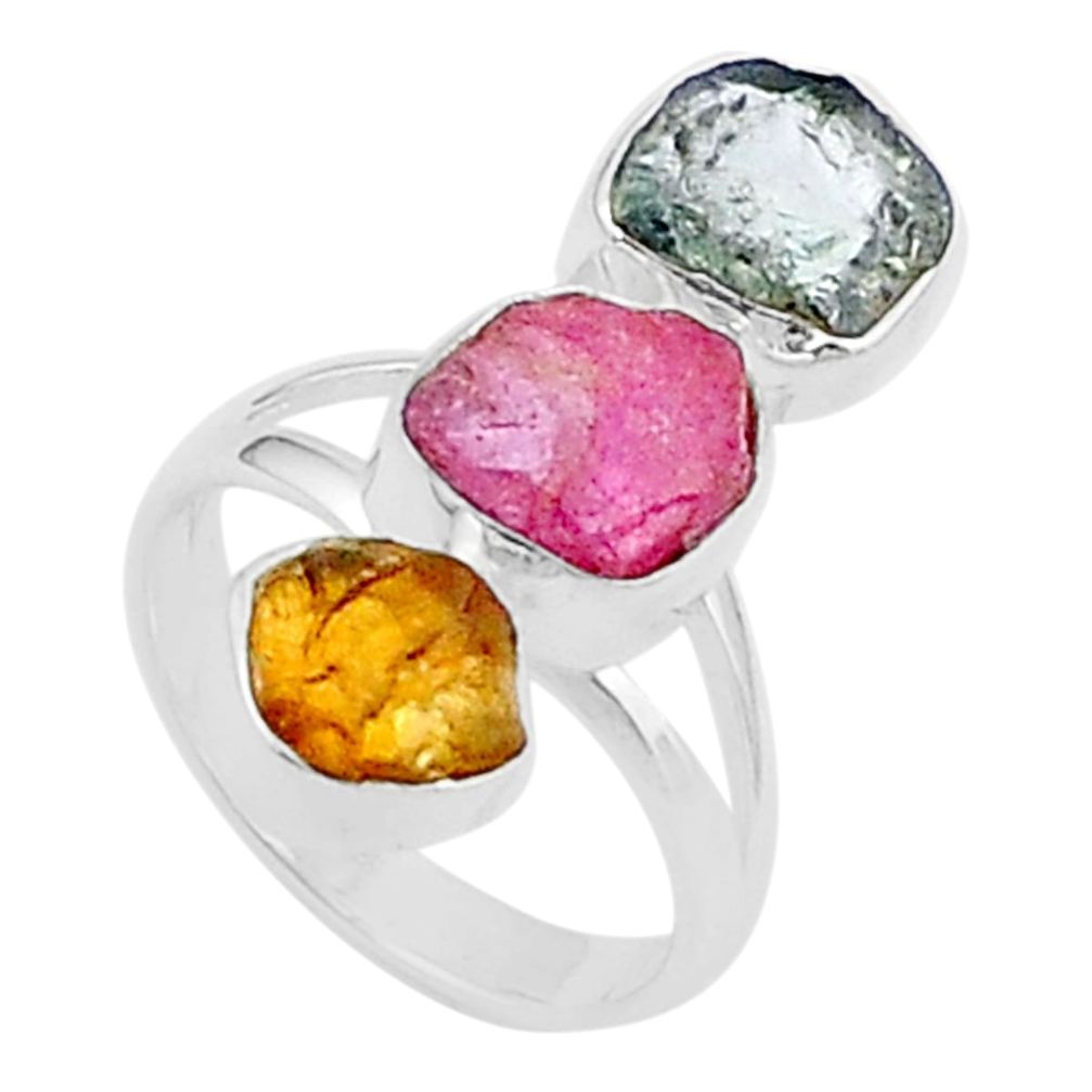 10.37cts natural pink green yellow tourmaline rough silver ring size 7 u26690