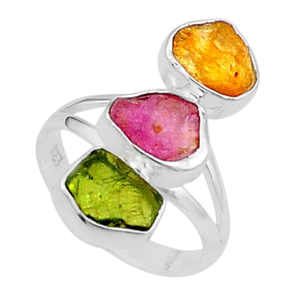 10.39cts natural pink green yellow tourmaline rough silver ring size 8 u26685