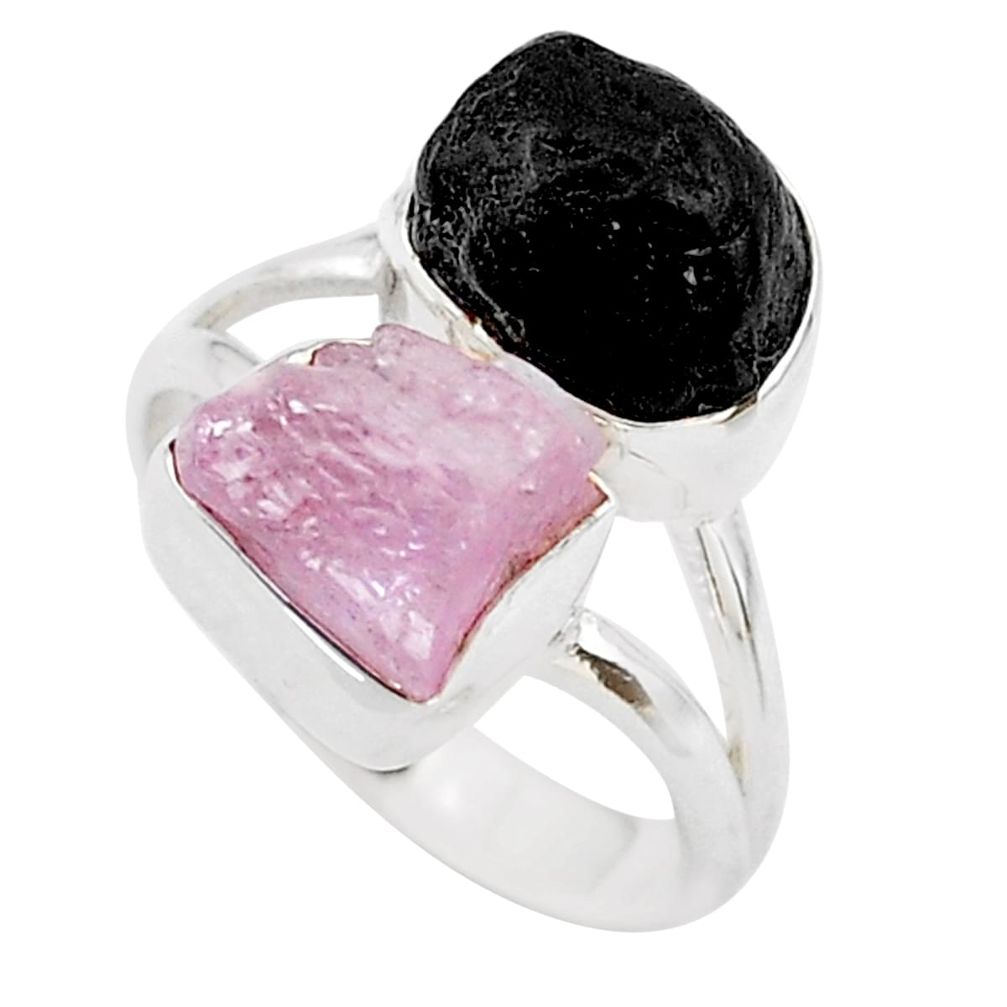12.36cts natural pink kunzite black tourmaline raw silver ring size 7 t21005