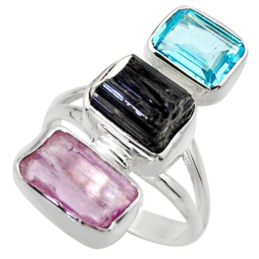 13.30cts natural pink kunzite rough blue topaz 925 silver ring size 7 r29705