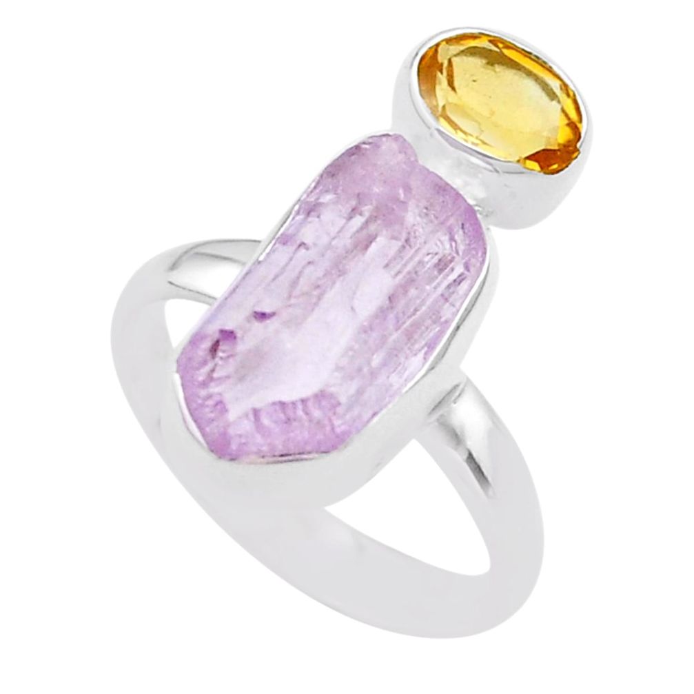 7.97cts natural pink kunzite rough yellow citrine silver ring size 7.5 t48212