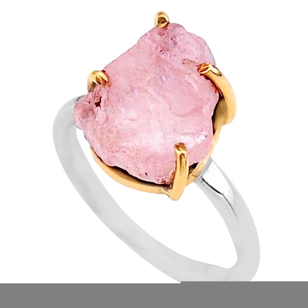 5.22cts natural pink morganite raw 925 silver 14k gold ring size 6 t47138