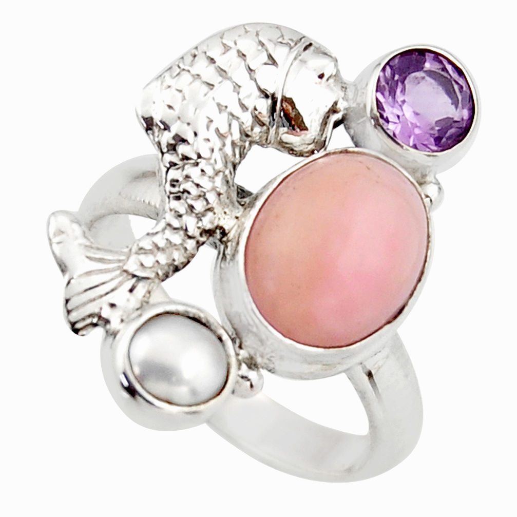 5.42cts natural pink opal amethyst 925 sterling silver fish ring size 7 d46042