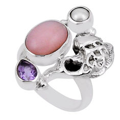 6.09cts natural pink opal amethyst pearl 925 silver fish ring size 6.5 n33932