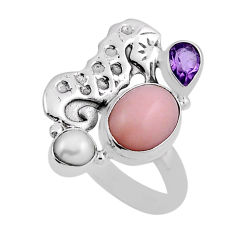 6.48cts natural pink opal amethyst pearl 925 silver seahorse ring size 7 n25851