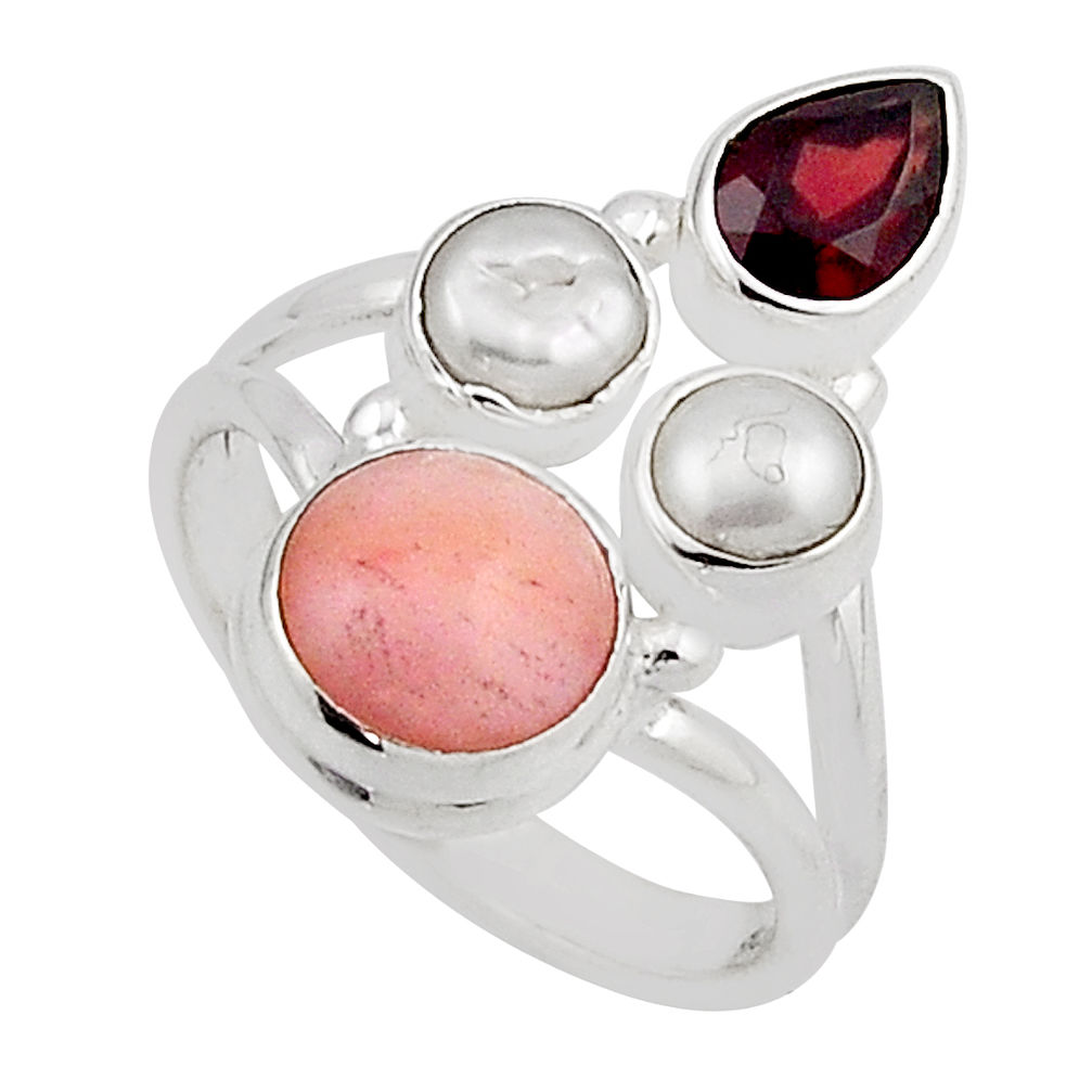 6.26cts natural pink opal garnet pearl 925 sterling silver ring size 7 n12505