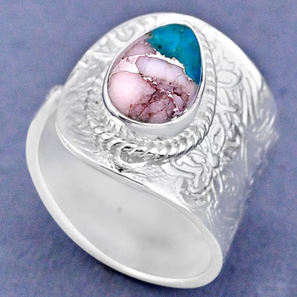 4.21cts natural pink opal in turquoise 925 silver adjustable ring size 9 r63365