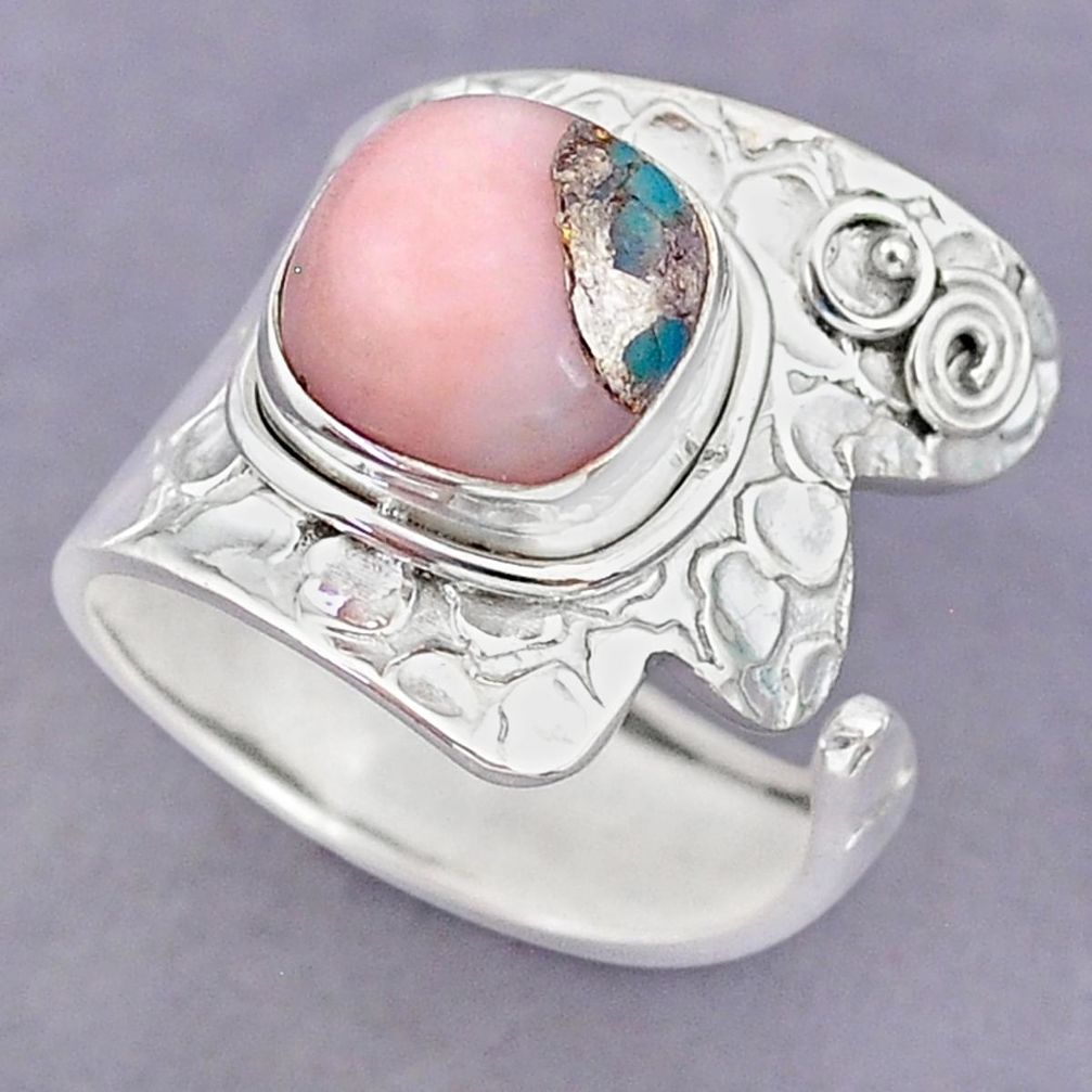 5.34cts natural pink opal in turquoise 925 silver adjustable ring size 9 r90589