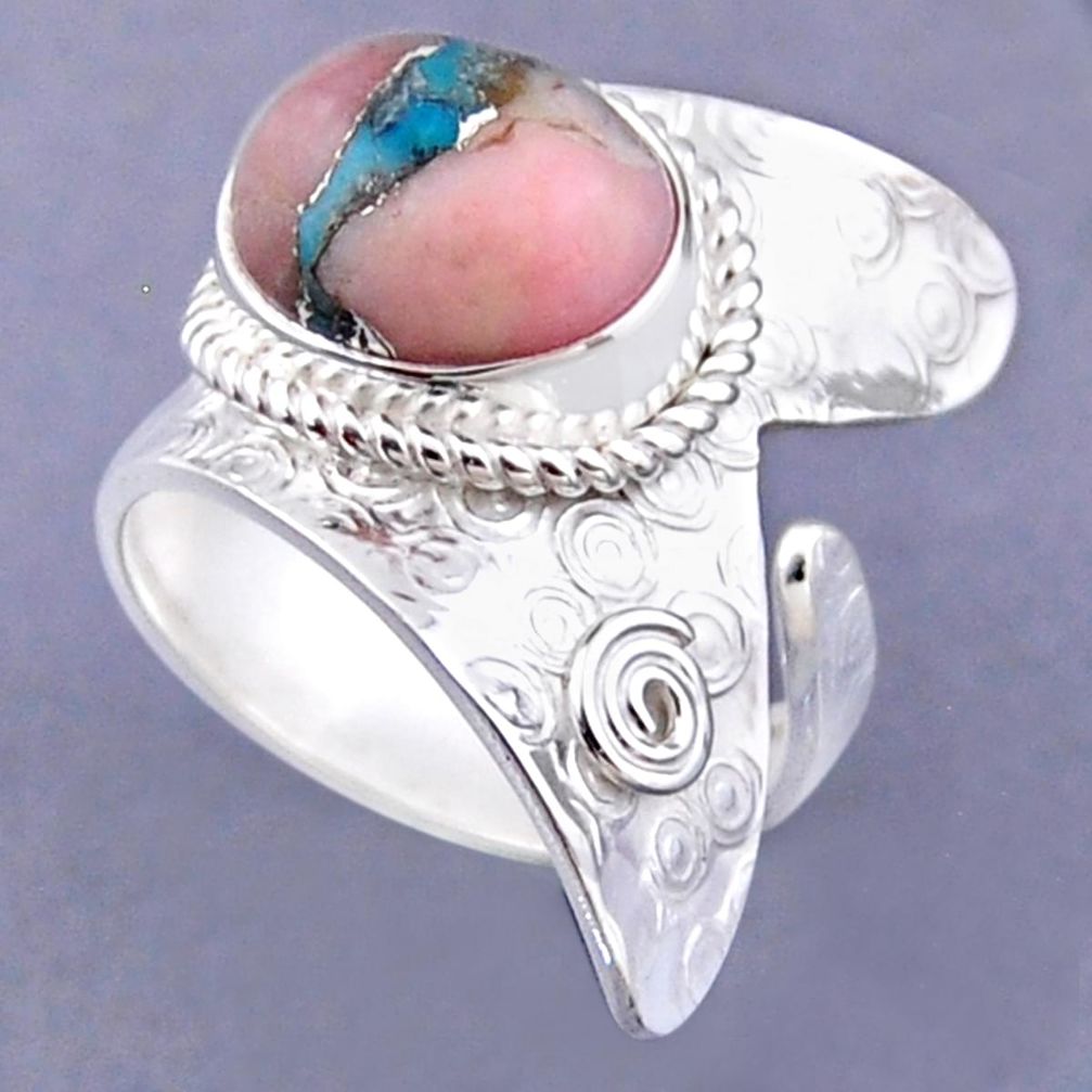 5.27cts natural pink opal in turquoise silver adjustable ring size 7.5 r54831