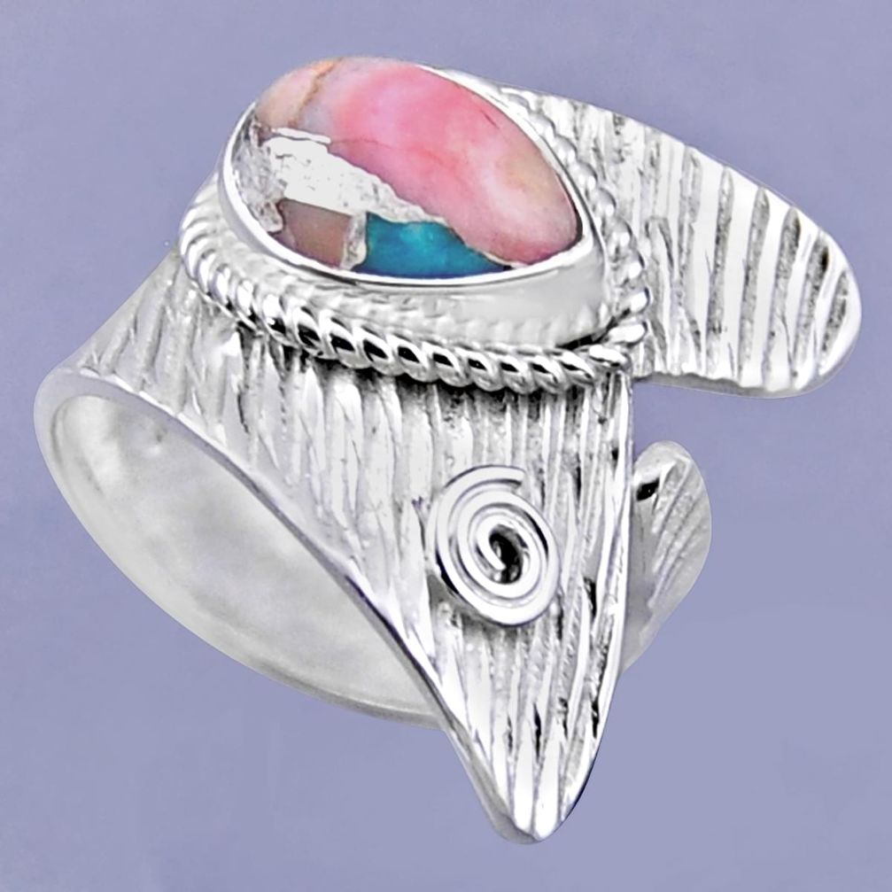 4.70cts natural pink opal in turquoise silver adjustable ring size 8.5 r54888