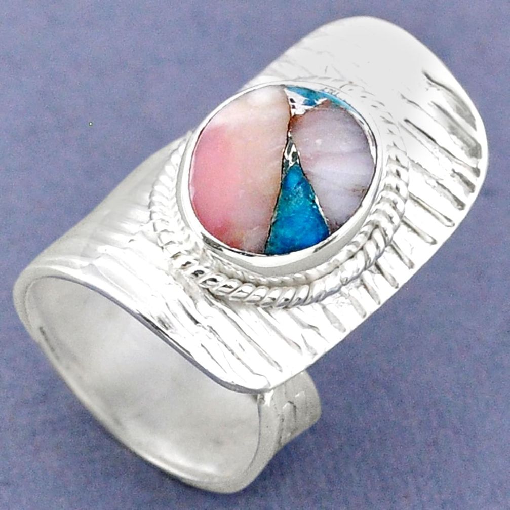 5.12cts natural pink opal in turquoise silver adjustable ring size 5.5 r63269